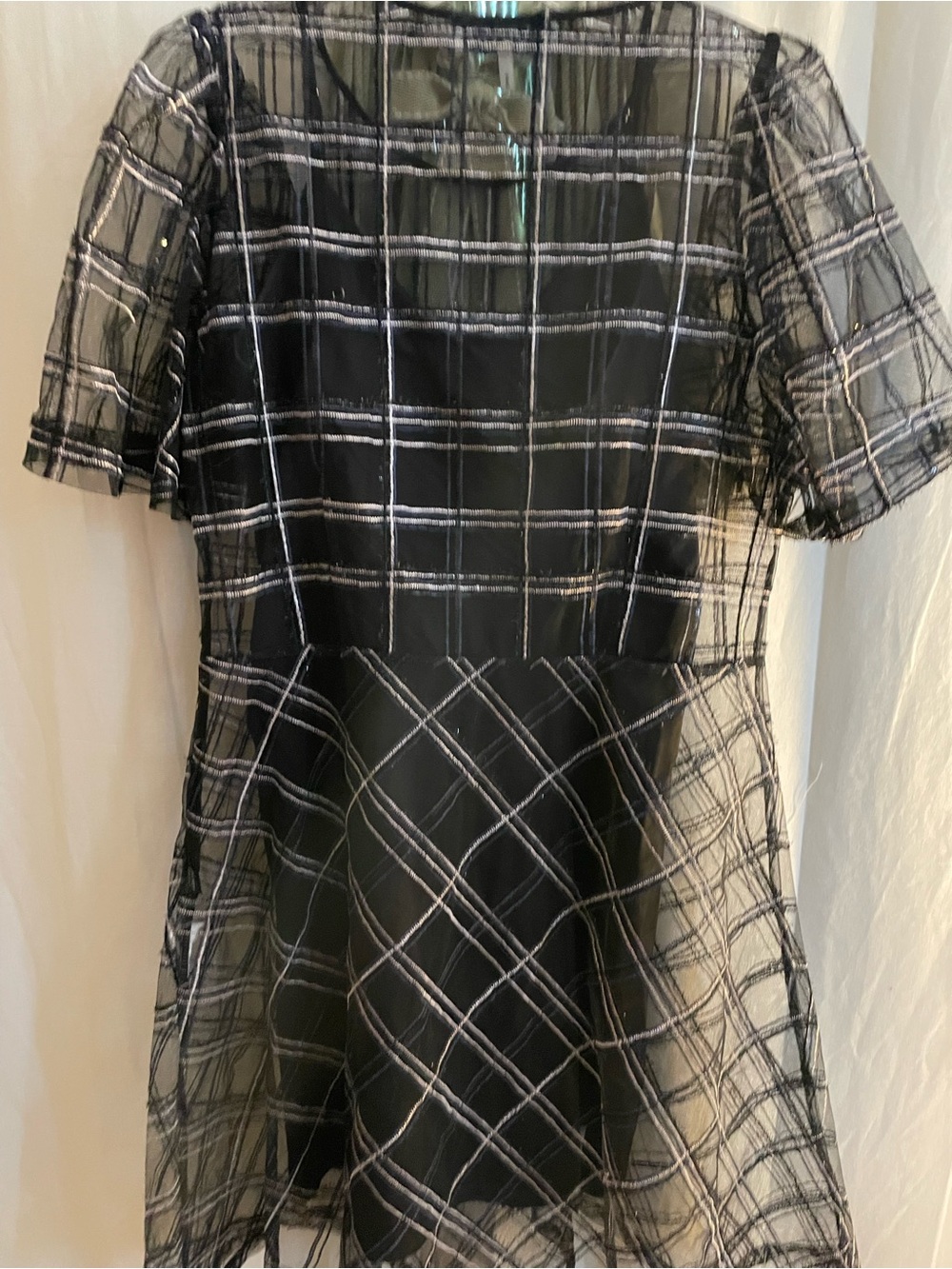 Black Plaid Sheer Overlay A-Line Dress